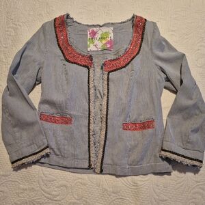 Free People size 8 My Fair Lady cropped jacket blue striped beaded frayed EUC